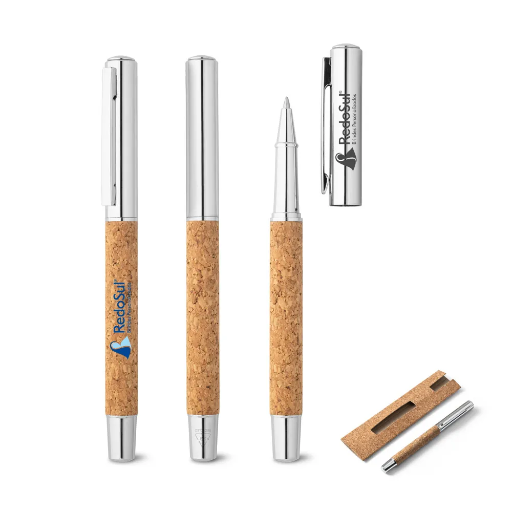 RD 91783-Caneta personalizada escrita Roller com corpo em aço inox e cortiça RD 91783-Caneta personalizada escrita Roller com corpo em aço inox e cortiça